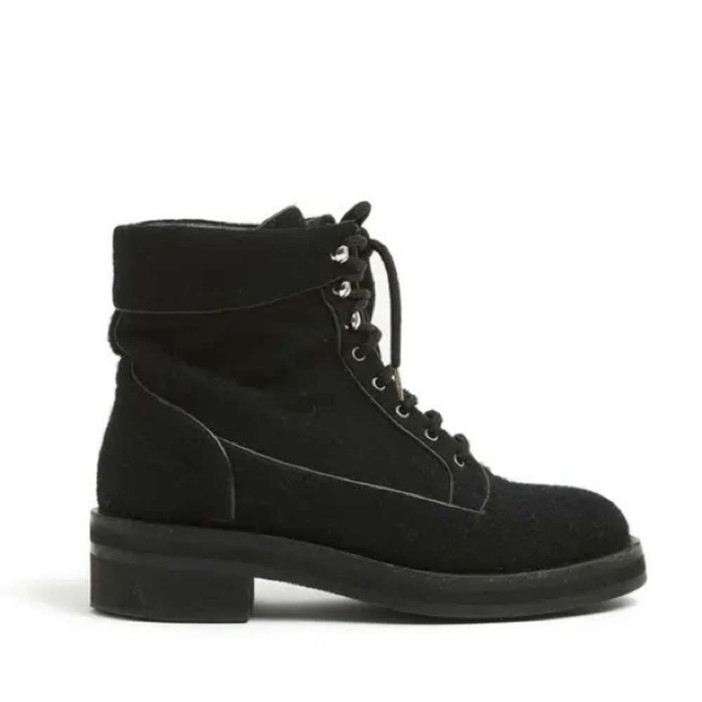 *CHANEL* Black Felt Lace-Up Moto Boot w/Leather Trim Size 41 - Picture 1 of 11